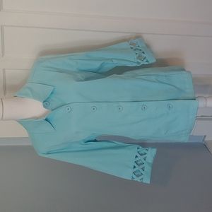 Denim & Co light blue jean jacket with stretch and lattice sleeve detail